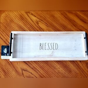 NEW Rae Dunn Cream Distressed Wood Vanity Tray + Black Metal Handles 'BLESSED'